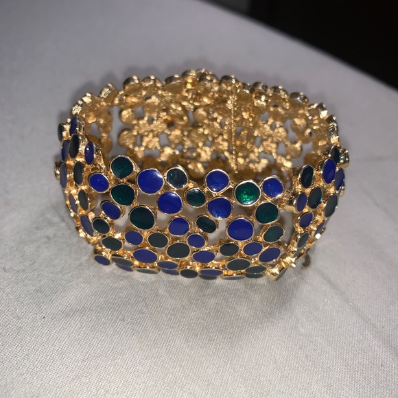 Vintage bracelet, gold with blue and green enamel decoration. 8”x1.5” - Picture 7 of 8